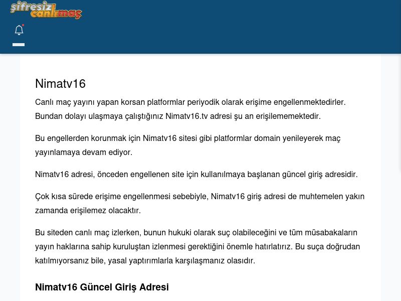 Nimatv16 Giriş Linki - Şifresiz canlı maç izle - Ekran Görüntüsü