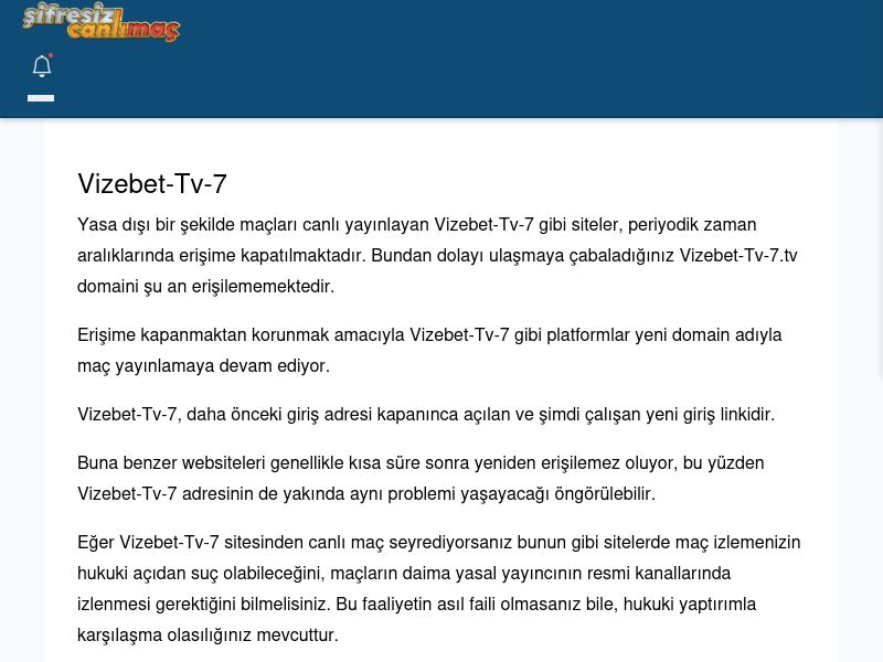 Vizebet-Tv-7 Giriş Linki - Şifresiz canlı maç izle - Ekran Görüntüsü
