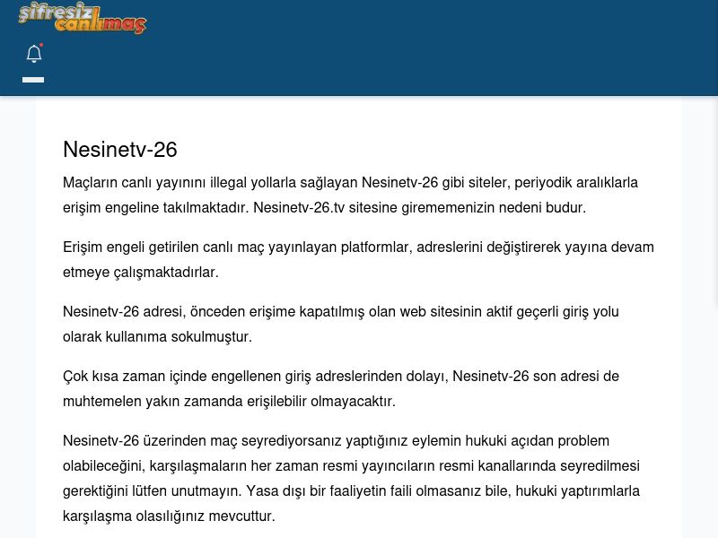 Nesinetv-26 Canlı Maç İzle - Şifresiz canlı maç izle - Ekran Görüntüsü