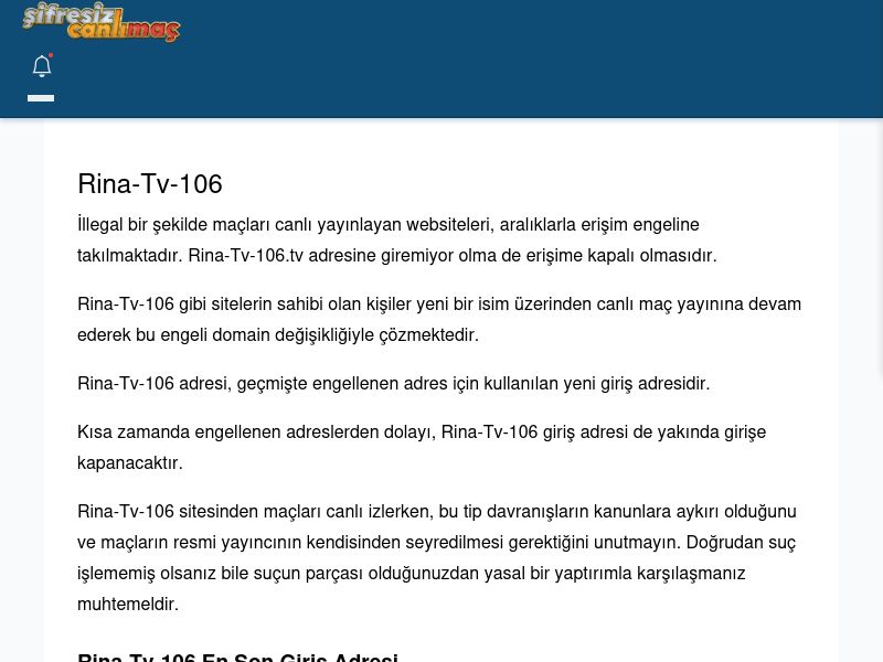 Rina-Tv-106 Giriş Linki - Şifresiz canlı maç izle - Ekran Görüntüsü