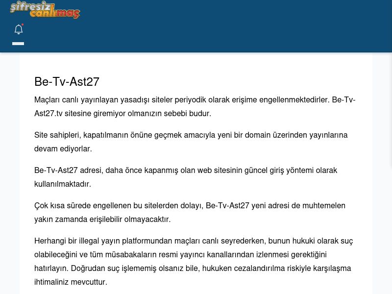 Be-Tv-Ast27 Giriş Linki - Şifresiz canlı maç izle - Ekran Görüntüsü